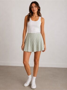 Zara Gingham Pleated Mini Skort Sage Green White size medium tennis preppy M